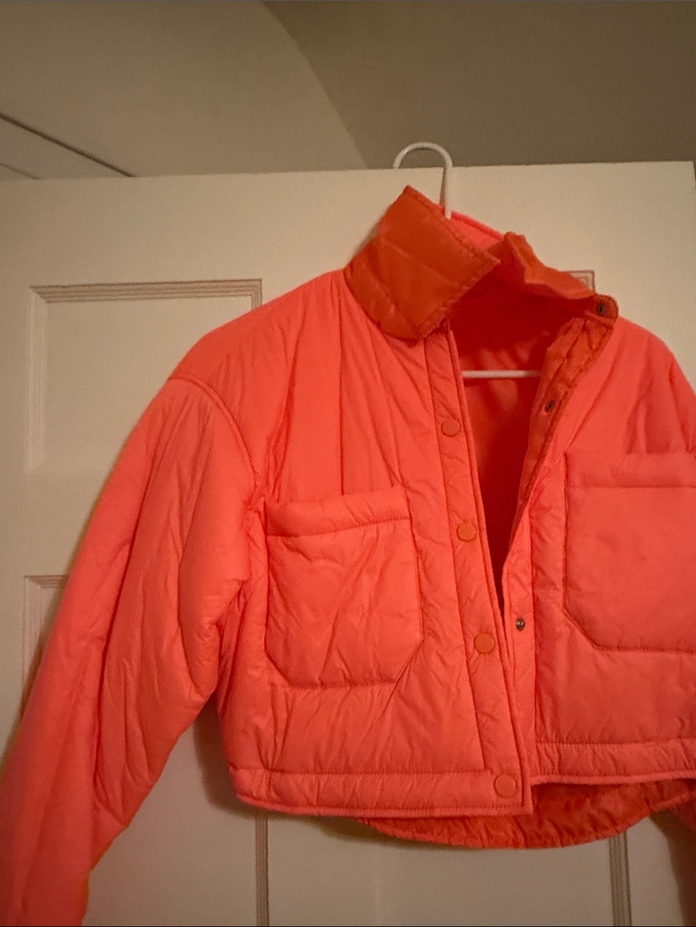 Cropped Quilted Puffer Jacket in Neon Coral